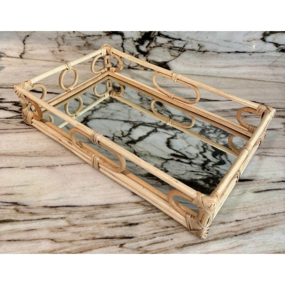 Rattan Mirror Vanity Display Tray Handmade Bohemian Natural
